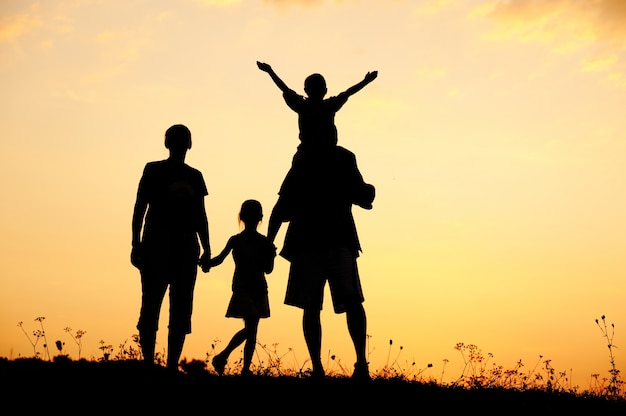 Happy family on meadow at summer sunset