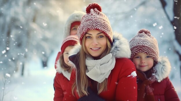 happy family mother and children having fun on a winter walk