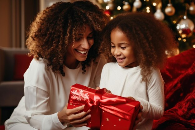 幸せな家族の母と娘がクリスマスプレゼントを与えて抱き合う