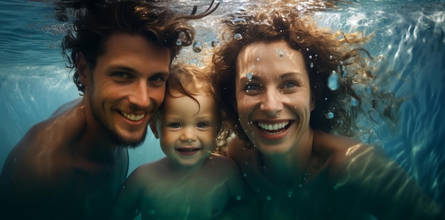 Photo happy family mother father baby son learn to swim training to dive underwater with fun in swimming pool to keep fit