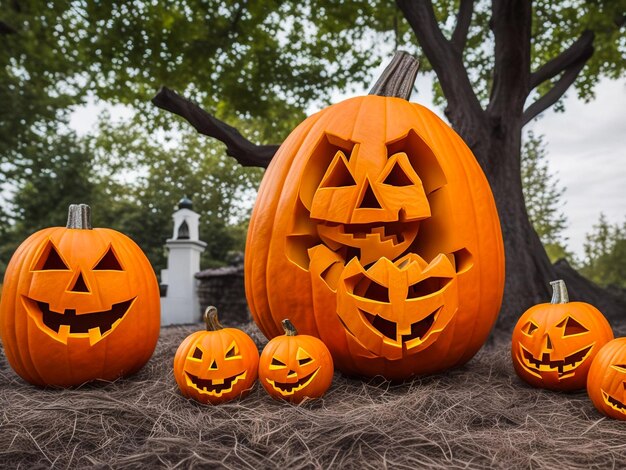 Happy family mother father and child son prepare for halloween decorate the home with pumpkins and l