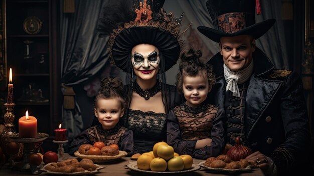 Счастливая семья мать отец и дети в костюмах и макияже на праздновании Хэллоуина