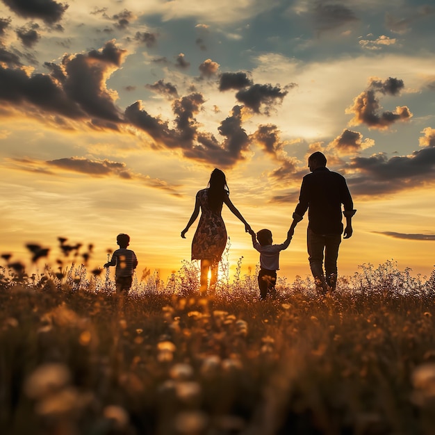 写真 幸せな家族 母親 父親 子供 息子と娘 夕暮れで走ってジャンプする アイ・ジェネレーティブ