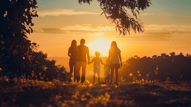 Photo happy family mother father children son and daughter on nature on sunset generative ai