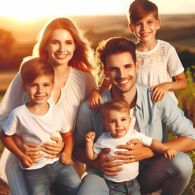 Photo happy family mother father children son and daughter on nature on sunset