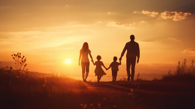 Happy family mother father children son and daughter on nature on sunset