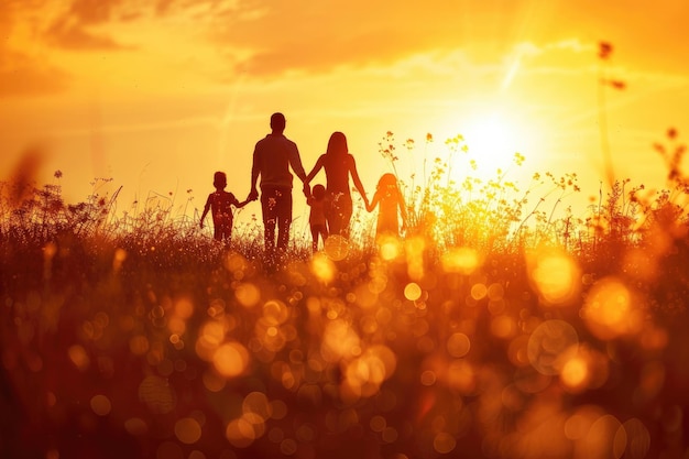 Foto happy family mother father children son and daughter on nature on sunset