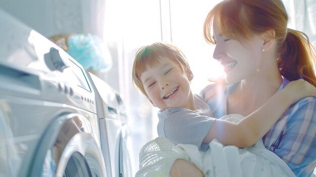사진 행복한 가족 어머니, 주부, 자녀, 세탁기와 함께 세탁실에 있는 아들