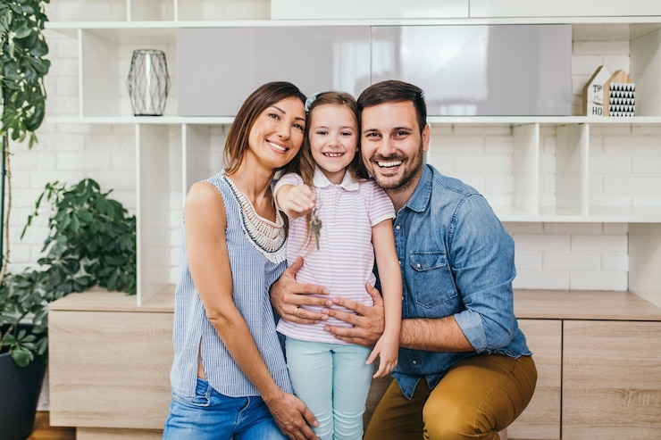 Photo happy family moving into their new home.