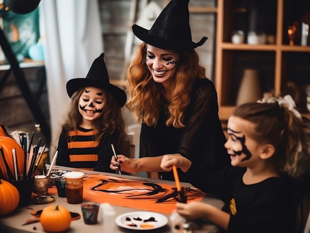 happy family painting and having fun in makeup costumes on a celebration of Halloween