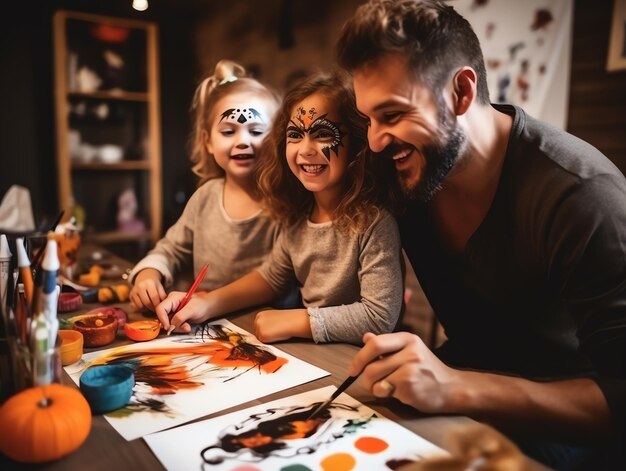 ハロウィーンの祝祭でメイクアップの衣装を着て楽しんでいる幸せな家族の絵画