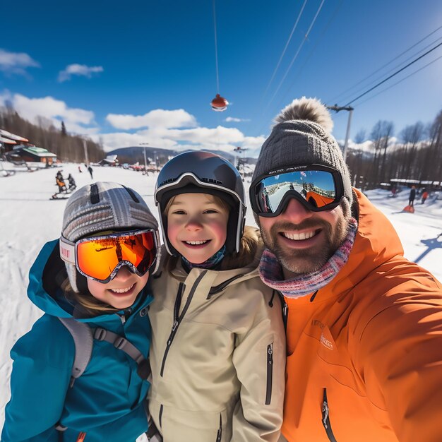 Photo happy family photography in snow and skiing