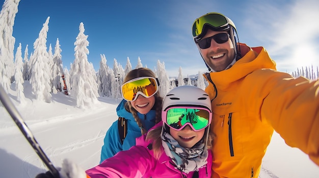 Photo happy family photography in snow and skiing
