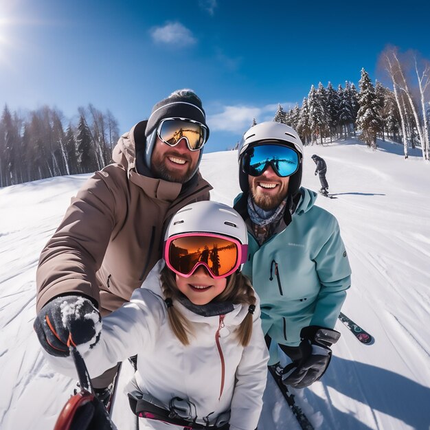 Photo happy family photography in snow and skiing