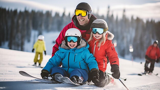 Photo happy family photography in snow and skiing