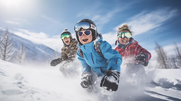 Happy family photography in snow and skiing