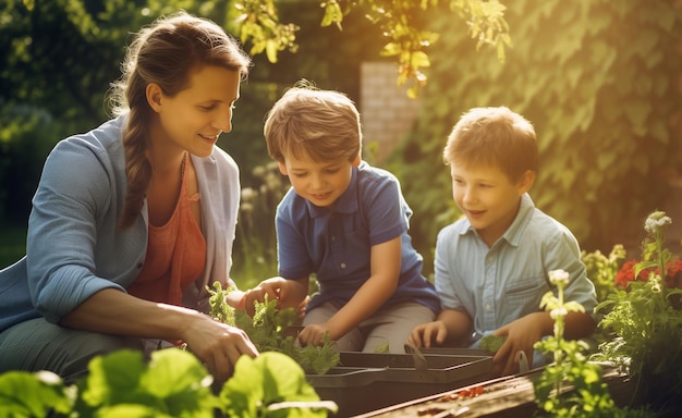 Счастливая семья сажает овощи в саду Отец мать и дети