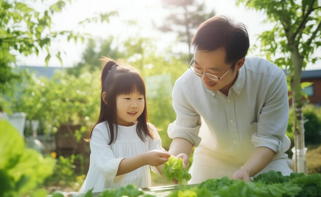 정원에 채소를 심는 행복한 가족 아버지 어머니와 아이 아시아인