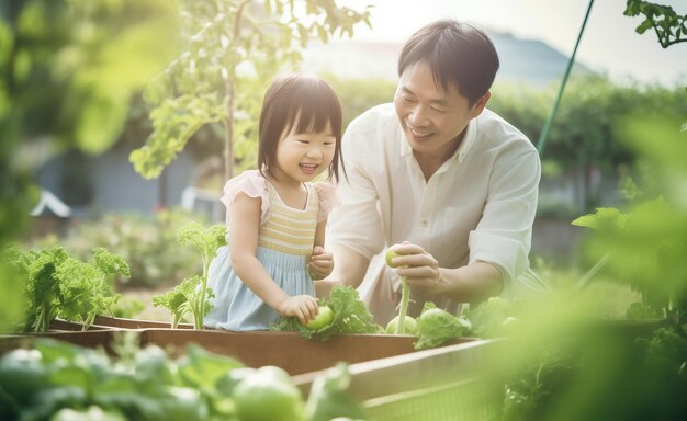 정원에 채소를 심는 행복한 가족 아버지 어머니와 아이 아시아인