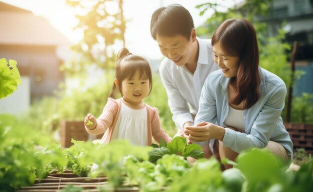 정원에 채소를 심는 행복한 가족 아버지 어머니와 아이 아시아인