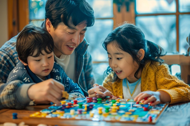 Happy Family Playing Board Game Together at Home Asian Father with Children Enjoying Tabletop