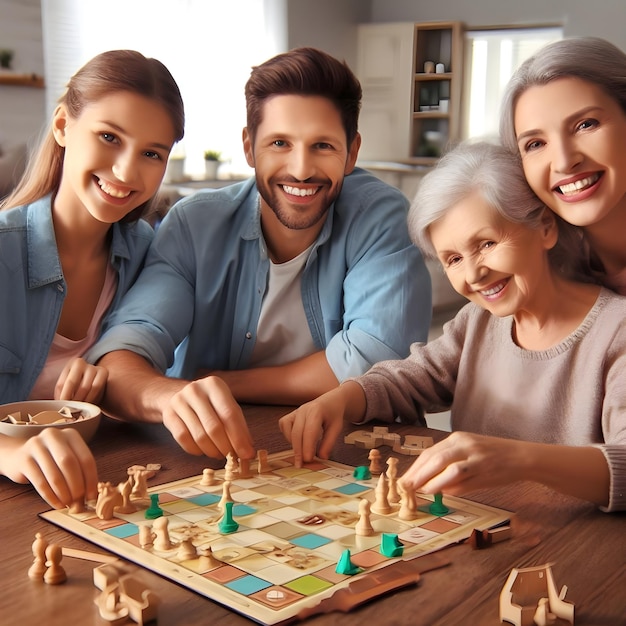 Photo happy family playing board games at home