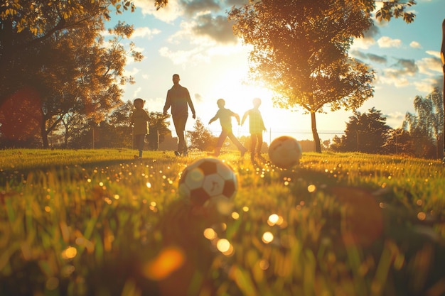 Happy family playing a friendly game of soccer oct