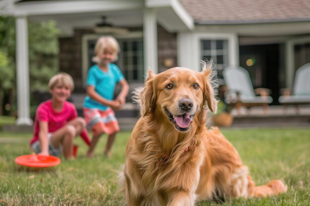 Photo happy family plays fetch with dog in backyard