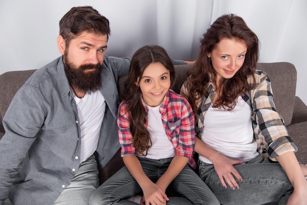 Happy family portrait sit on sofa at home family day