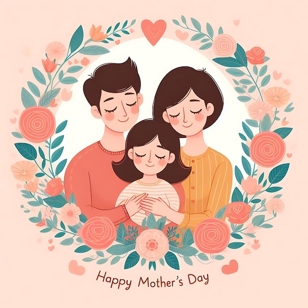 a happy family portrait with a pink background with a pink and white flowers