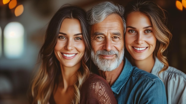 Foto ritratto di famiglia felice con uomo anziano sorridente e figlie adulte