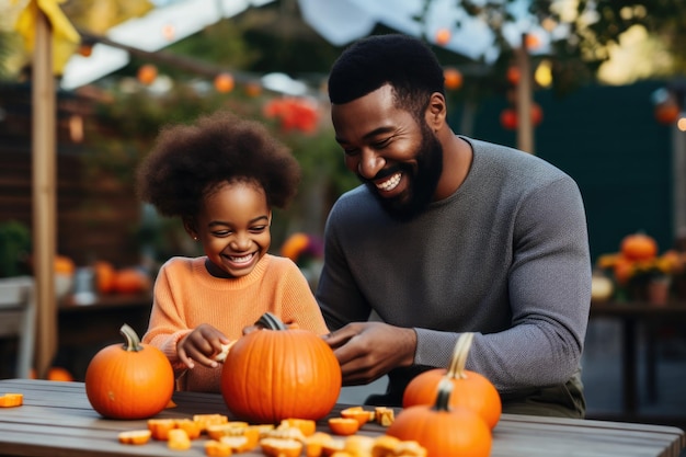 Happy family preparing for Halloween Father and daughter carving pumpkins