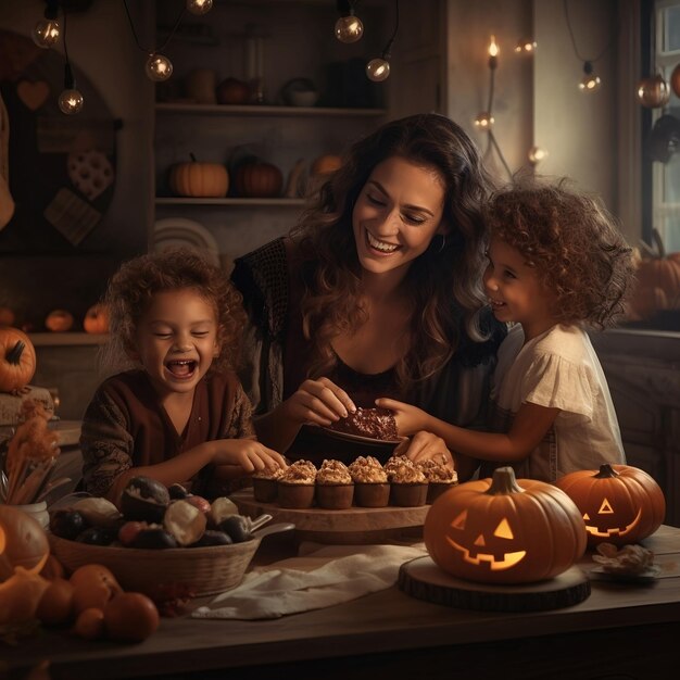 Happy family preparing for Halloween Mother and children having fun at home