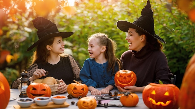 Happy family preparing for Halloween Mother grandmother and children carving pumpkins