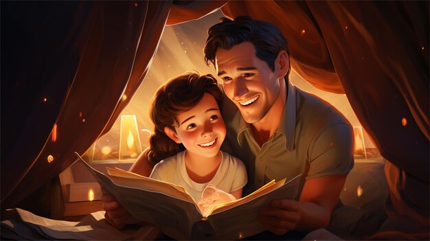 Photo happy family reading a book in the forest at night 3d rendering