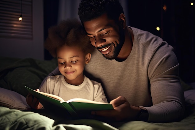 Happy family reading story at night before sleeping Father and daughter spend time together