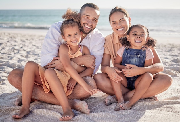 Famiglia felice e relax con il sorriso sulla spiaggia per le vacanze estive e il tempo per legare insieme nella natura madre padre e figli che si rilassano sulla spiaggia sabbiosa sorridendo per una vacanza o un viaggio nel fine settimana