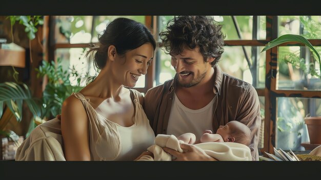 Photo happy family relaxing at home mother father and newborn baby