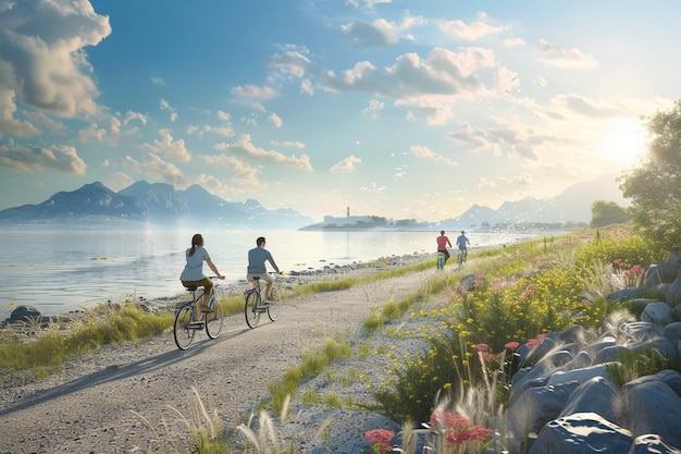 Happy family riding bicycles along a coastal bike