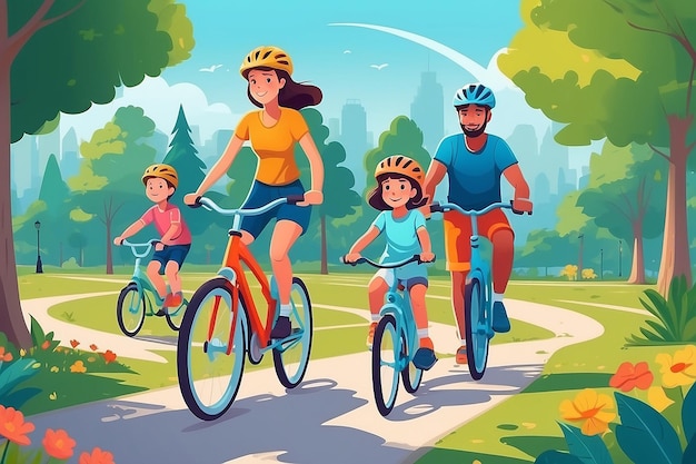 행복한 가족 자전거 타기 즐거운 어머니 아버지 딸과 아들이 공원에서 자전거를 타고 부모와 아이들이 함께 자전거에 타고 레크리에이션 야외 활동 평평한 만화 스타일의 터 일러스트