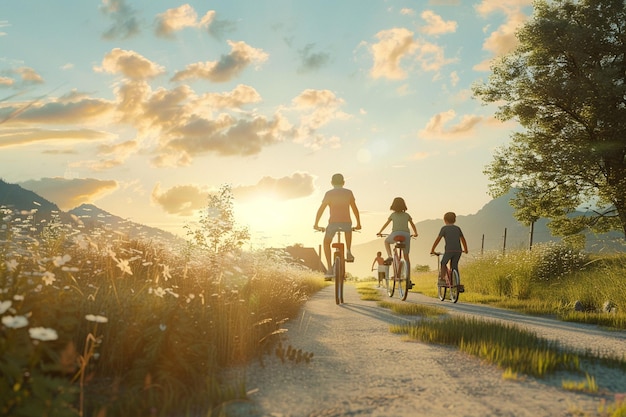 시골에서 자전거를 타는 행복한 가족