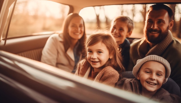 Photo a happy family on a road trip enjoying nature together generated by ai