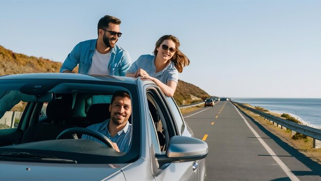 自動車で旅行している幸せな家族