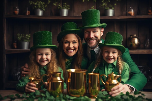 Foto famiglia felice che abbraccia rudemente i vicini al tavolo per celebrare il giorno di san patrizio