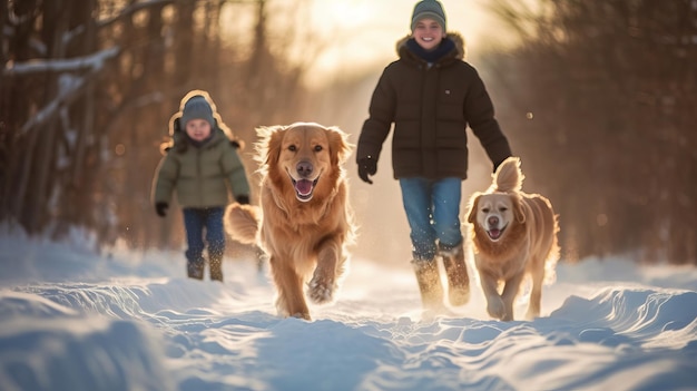 Happy family running their pet golden retriever in the winter park