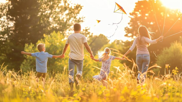 Photo happy family runs through a field together holding hands enjoying the sunshine