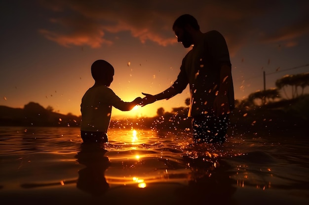 Happy family shadow silhouette of father and son at sunset standing in a lake