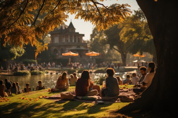 Happy family shares sunny picnic in the park generative IA