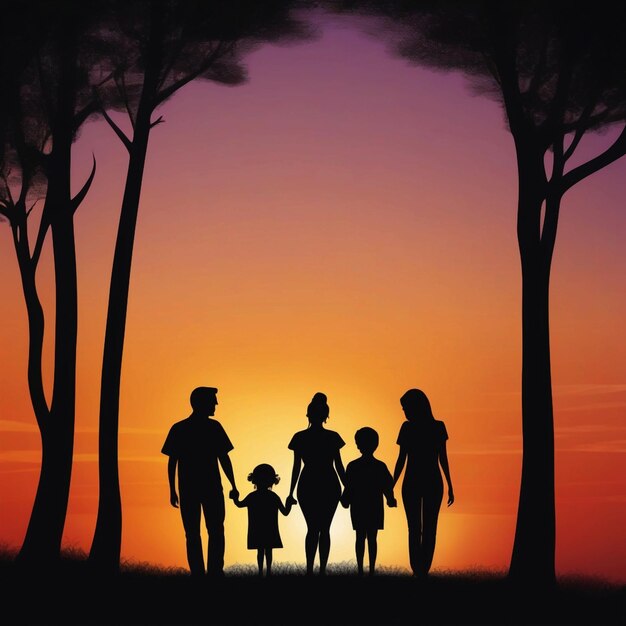 Foto silhouette di famiglia felice sullo sfondo della carta da parati al tramonto