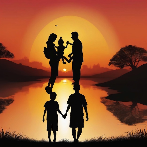 Photo happy family silhouette on the sunset wallpaper background